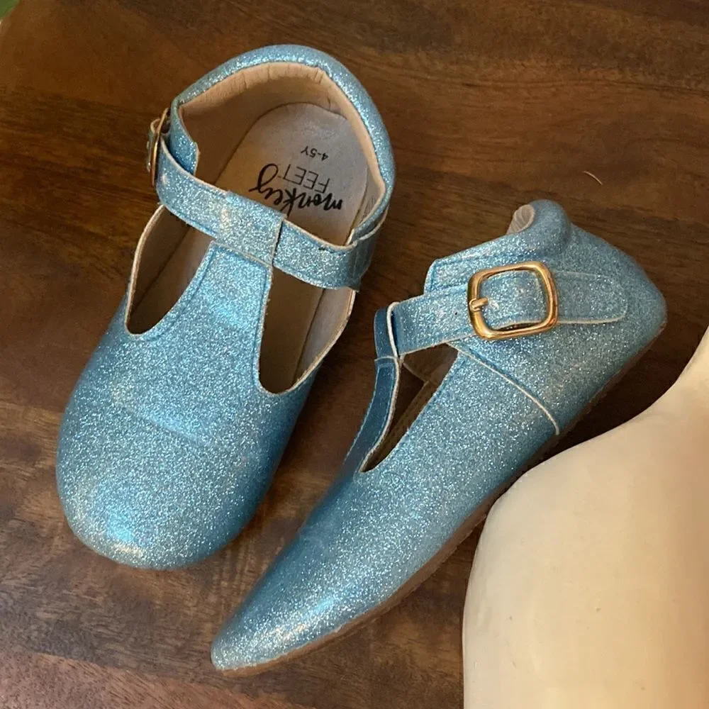 Blue Enchanted Glitter Monkey Feet Girl Shoes 4-5 Y